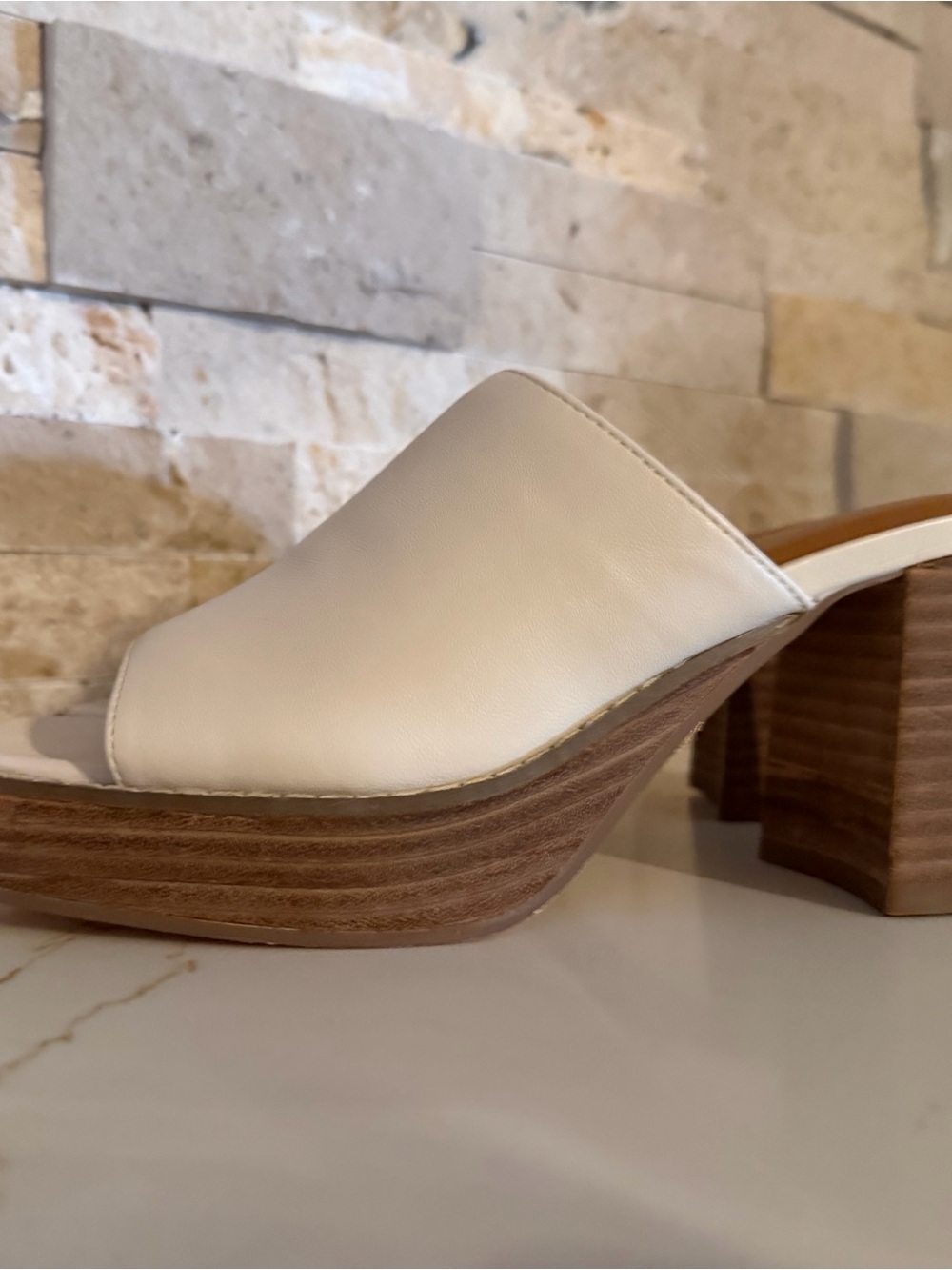 Cream Slide Mule with Stacked Wood Block Heel